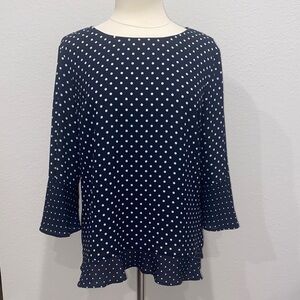 Talbots Navy and White Polka Dot Blouse with Ruffles Sz Large